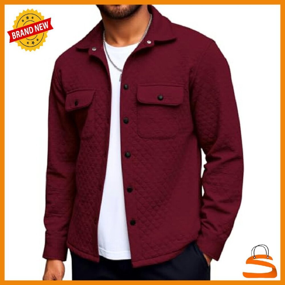 Men's Quilted Shacket Lightweight Jacket Snap Button Pockets Fall Spring - Picture 2 of 8